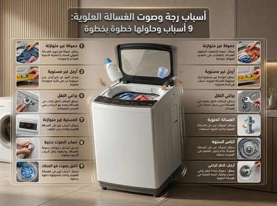 أسباب رجة وصوت الغسالة العلوية - مخطط بياني للأسباب التسعة