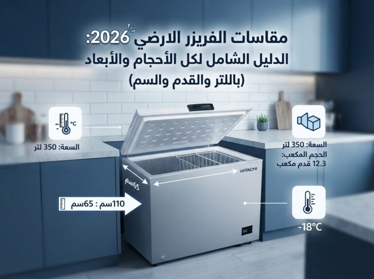 مقاسات الفريزر الارضي 2026: الدليل الشامل لكل الأحجام والأبعاد (باللتر والقدم والسم)