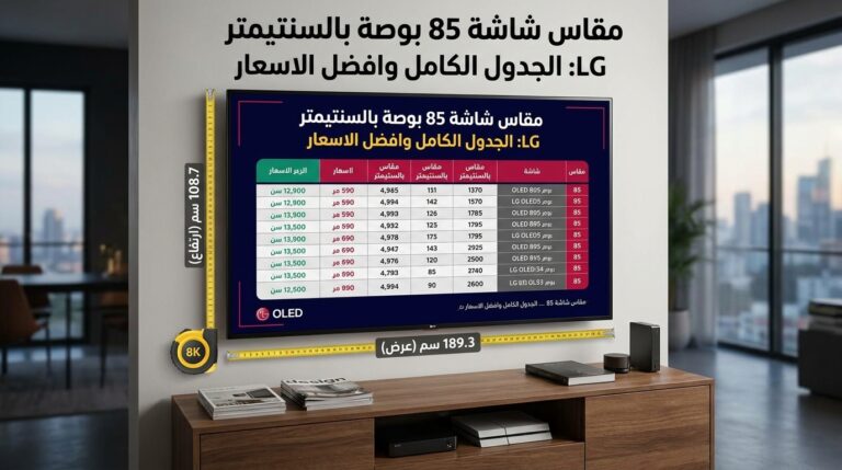 مقاس شاشة 85 بوصة بالسنتيمتر LG: الأبعاد الرسمية والمواصفات الكاملة 2026